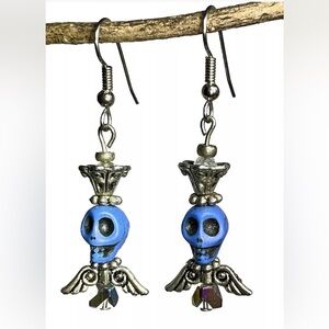 Handmade Gothic Earrings Blue Skull Silvertone Wing & Crystal